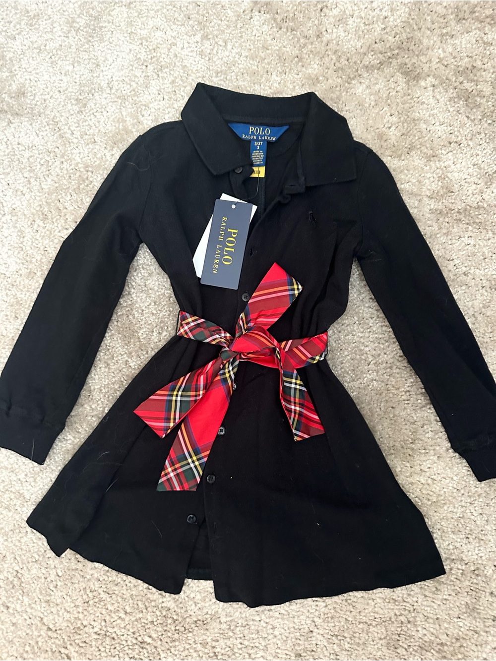 Polo by Ralph Lauren Black Girls' Long Sleeve Shirt Dress with Red Plaid Bow NWT